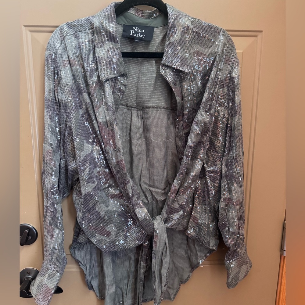 Nina Parker Sequin Tie-Front Blouse